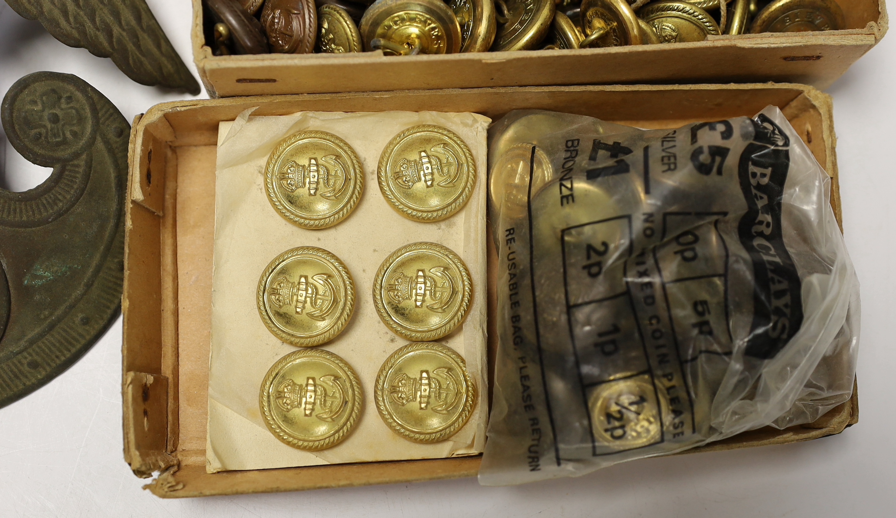 A 19th century Russian style Shako plate and a collection of naval buttons